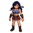 A determined young woman with flowing dark hair, wearing a lavender crop top, red skirt, and brown boots, with leather bracers on her forearms.