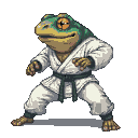 Frog-headed karate fighter in a white gi and dark green belt, in a low, ready stance.
