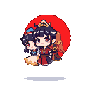 Two chibi figures, one in a red and gold outfit with white hair in buns, standing next to a smaller figure with dark hair and a blue cap, against a red circular background.