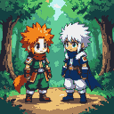 Two young adventurers, one with orange hair and a fox tail in green and brown, stand facing each other in a sun-dappled forest clearing. Beside him, a companion with white hair and green eyes wears a blue tunic and cape.