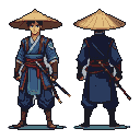A lone martial artist in a conical straw hat, blue tunic, red sash, and dark trousers, with a sword at his side, shown from front and back.