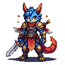 Anthropomorphic blue fox warrior in golden armor with blue accents and a red sash, holding a gleaming sword.