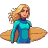 Surfer girl with blonde hair and a bright smile, wearing a blue and teal wetsuit, holding a surfboard.