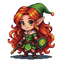 Elf with fiery red hair, green tunic, pointed hat, holding a sword and a shield with a green diamond emblem.
