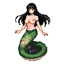 Snake demon girl with long dark hair, bikini top, and a coiled green serpent's tail.