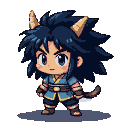 Young warrior with spiky dark blue hair, golden horns, and large blue eyes, wearing a blue tunic with gold trim, a brown belt, arm guards, and boots. A fur tail peeks from behind.