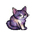 Ethereal kitten with deep purple and lavender fur speckled with white pixels, large luminous green eyes, and a faint smile.
