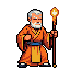 Elderly warrior monk with white beard and hair, wearing an orange robe and blue sash, holding a glowing golden staff aloft.