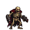 Menacing skeletal warrior in tattered crimson cloak, holding two retro-futuristic firearms, with glowing red eyes.