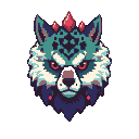 Stylized wolf head with teal and blue fur, icy white mane, and ruby gem headdress, staring forward with crimson eyes.