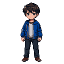 A young boy with brown hair wearing a blue hooded jacket, white t-shirt, and jeans.