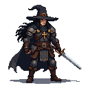 Witch hunter warrior in dark leather armor with metal plates, holding a saber and crossbow pistol, wearing a pointed hat and a golden Christian cross on their chest.