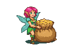 A pixie with pink hair and green tunic stands beside a sack overflowing with golden coins.
