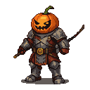 Pumpkin knight in weathered armor with crimson accents, holding two short swords in a battle stance.