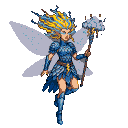 Storm fairy with glowing eyes, wearing scale-like blue armor, holding a lightning-topped staff, and displaying translucent lavender wings against a black background.