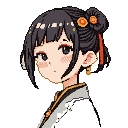 Young woman with dark hair in elegant buns adorned with gold and red ribbons, wearing a traditional black and gold garment.