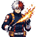 Young male character with split white and red hair, holding a flaming rod, serious expression.