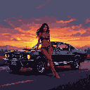 Pixel Art: Uma mulher de biquíni CINZA está encostada em um Mustang pre...