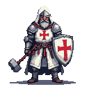 A Templar Knight in polished steel armor with a red-crossed white tunic, holding a mace and a red-crossed shield.