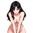 Pixel Art: 半身正面照，中长发漂亮东方姐姐，俯身向前，双臂夹紧，歪头。表情暧昧，浅粉色比基尼，仿《三国志2》风格，人物设计，人物动作...