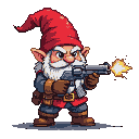 Fierce gnome with white beard, red cap, and brown boots, aiming a smoking pistol with yellow and orange muzzle flash.