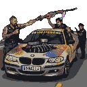 Heavily tattooed individuals with automatic weapons lean out of a modified BMW on a highway at night.
