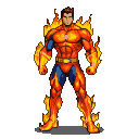 Muscular man in red and blue costume with golden belt, engulfed in swirling vibrant flames.