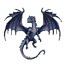 Majestic dragon with iridescent scales and dark wings, rendered in deep blues and purples, hovering against a black background.