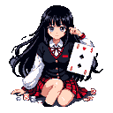 Young woman with long black hair and blue eyes, wearing a school uniform, sits cross-legged holding the Ace of Spades, surrounded by scattered poker chips and cards.