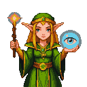 Serene elf in a green robe and jeweled circlet, holding a glowing wand and a mystical orb with an eye.