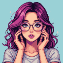 Young K-pop idol with magenta hair, round glasses, and blue eyes, hands near her face.