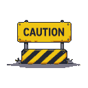 Yellow caution sign with black pixelated text above a black and yellow striped barrier.