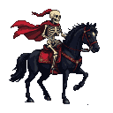 Skeletal rider in a crimson cape on a black horse with glowing red eyes.