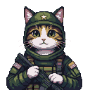 This pixel art features a determined tabby cat, outfitted in military gear and holding a rifle, gazing resolutely at the viewer.