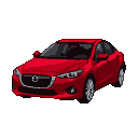 Vibrant red Mazda sedan with silver wheels, angled view against a black background.