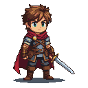 Young adventurer with green eyes and brown hair, wearing layered armor, a crimson cape, and boots. He holds a sword at his side.