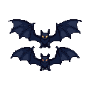 Two pixel art bats with dark blue-gray bodies and wings and piercing yellow eyes.