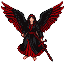 A black and red angel with wide, crimson-outlined wings, wearing a dark, red-trimmed robe and sash, holding a red sword.