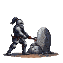 Knight in segmented armor swings a pickaxe at grey stone against a black background.