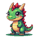 A small, green dragon-like creature with a yellow belly, red crest, golden horns, and amber eyes stands on green ground.