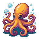 A golden-orange octopus with large blue eyes and purple tentacles, surrounded by light blue bubbles.