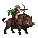 Elven archer with vibrant green hair in leather armor, bow drawn with arrow nocked, atop a bristly, powerful boar ready to charge.