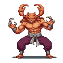 A muscular kung fu fighter with a crab's head, orange torso, raised claws, and clenched fists wearing plum trousers and white sash, in a combat stance.