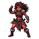 Fierce barbarian woman with flowing brown hair, wearing fur-trimmed leather armor, standing in a powerful stance with a dagger at her hip.