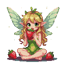 Pixel Art: pixie with wings eating huge strawberry (generated with AI by sandacz).