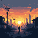 Lone silhouetted figure in a desolate post-apocalyptic city at sunset, with ruined buildings and reflective ground.