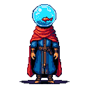 Pixel Art: mage character with fish bowl instead of head (generated with AI and edited by sandacz).