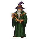 Pixel Art: tall wizard holding classic golden key (game asset)