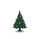 A Christmas tree with red and yellow baubles, blue lights, and a white star on top, standing on snow.