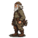 A weathered mercenary with a white beard, wearing tattered earth-toned clothes and a bandanna, holds a bottle.